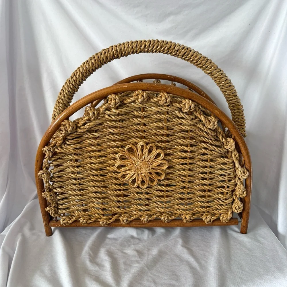 Vintage 70s rattan wicker magazine rack flower tan boho cottagecore home decor